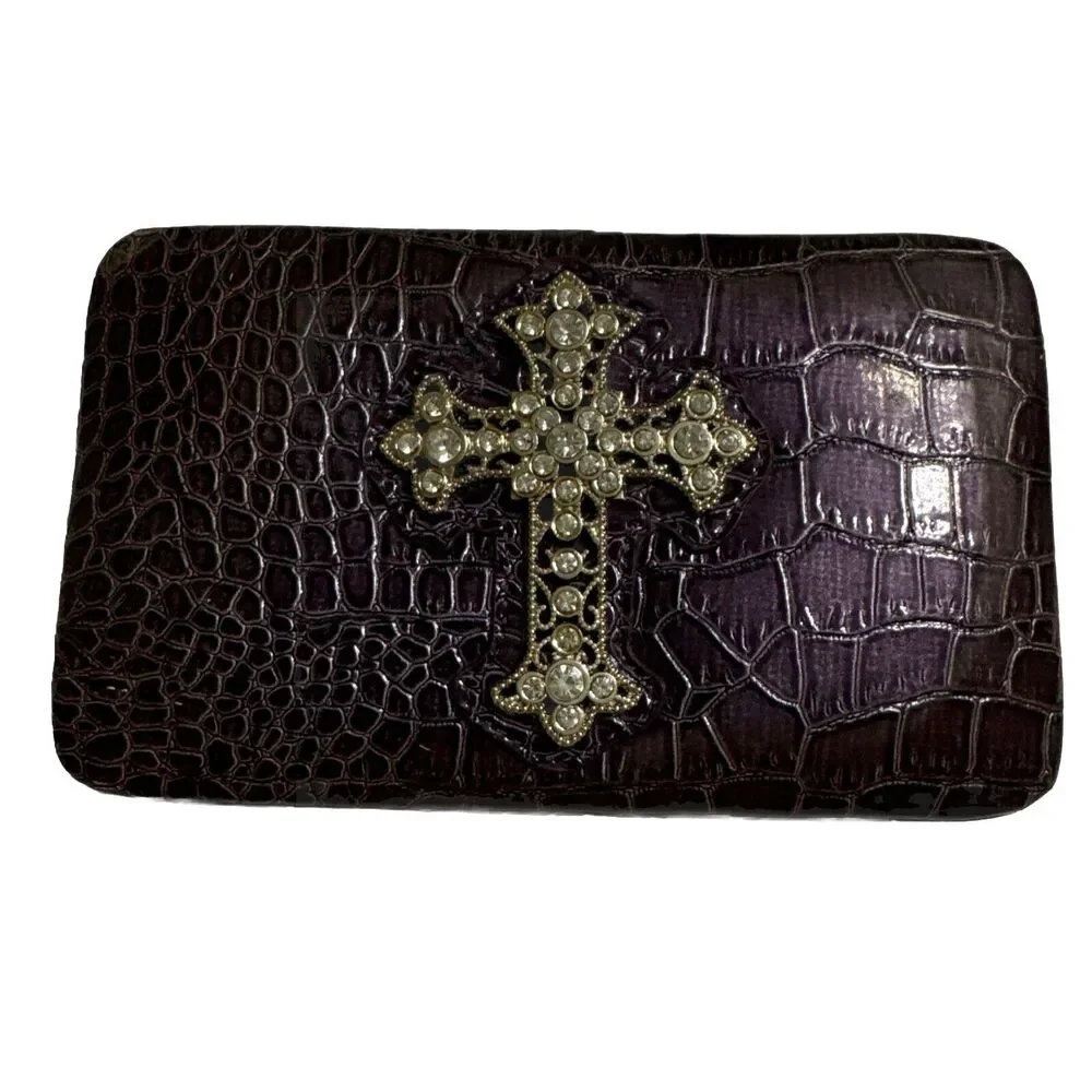 Vintage Women's Regency Wallet Bag Croc Faux Leather Embellished Rock Purple